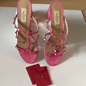 Valentino Garavani Hot Pink Suede Rockstud Strappy Heels